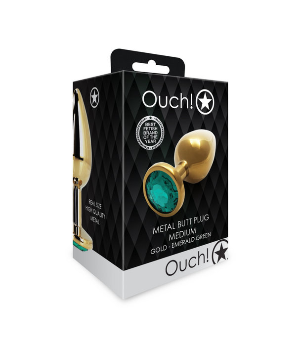 Ouch! by Shots Ronde Gem Buttplug - Medium - Goud/Emerald Groen