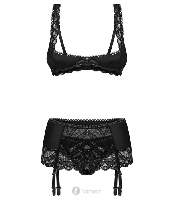 * OBSESSIVE Obsessive Lecille set – Open-bh, jarretelgordel & string ouvertBH-set met beugel-BH, strapsgordel en ouvert-string met choker-halsband en verstelbare details - Copy