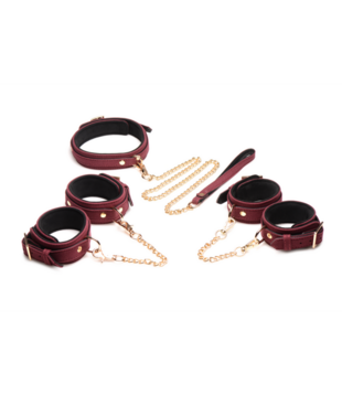 6-delige Velvet Burgundy Bondage Set met Cuffs, Collar en Belt