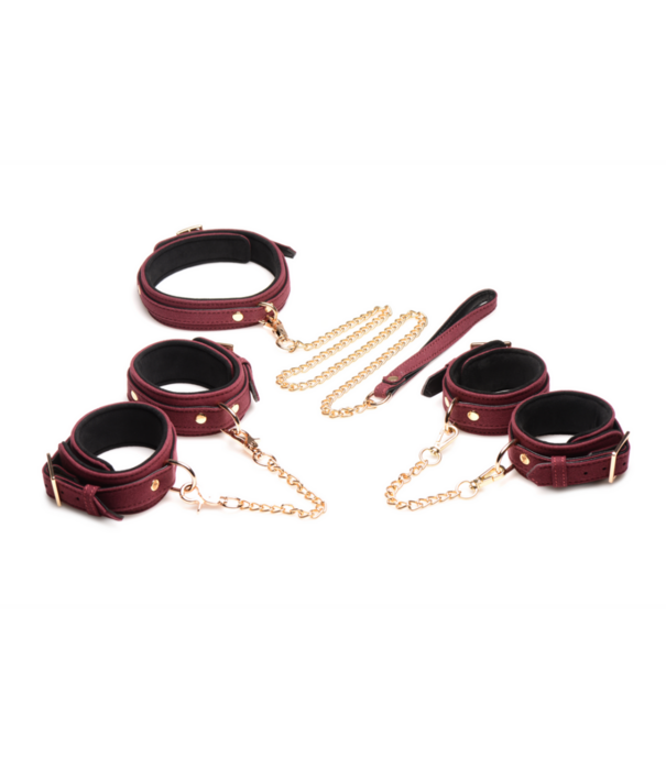 6-delige Velvet Burgundy Bondage Set met Cuffs, Collar en Belt