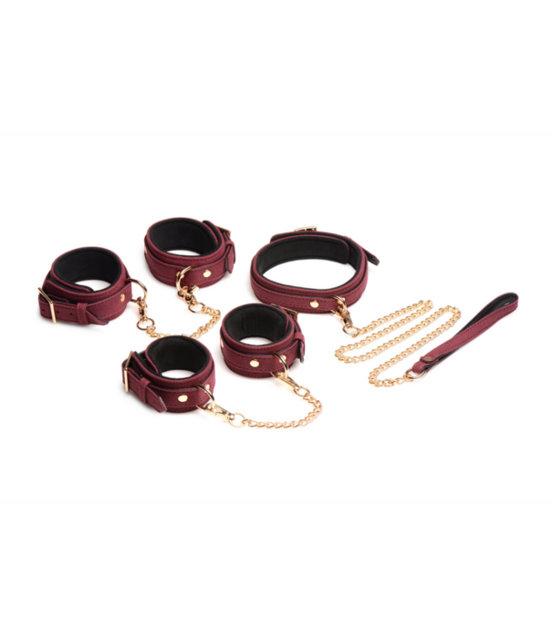 6-delige Velvet Burgundy Bondage Set met Cuffs, Collar en Belt