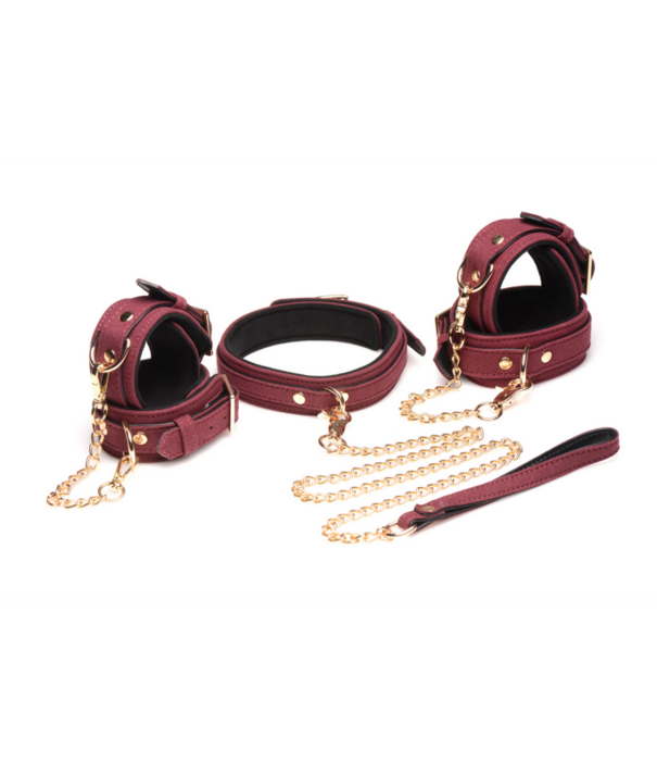 6-delige Velvet Burgundy Bondage Set met Cuffs, Collar en Belt