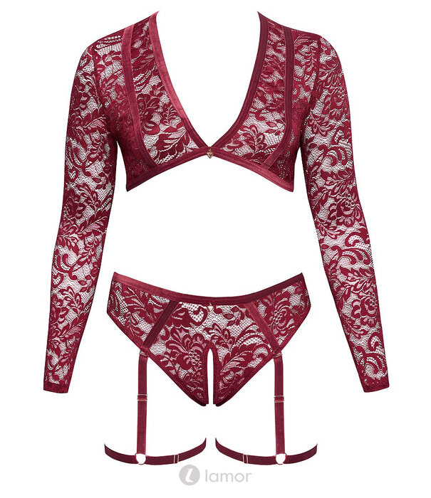 * COTTELLI  Cottelli Curves rood kanten set met top & ouvert slip met jarretels