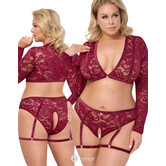 Cottelli Curves rood kanten set met top & ouvert slip met jarretels