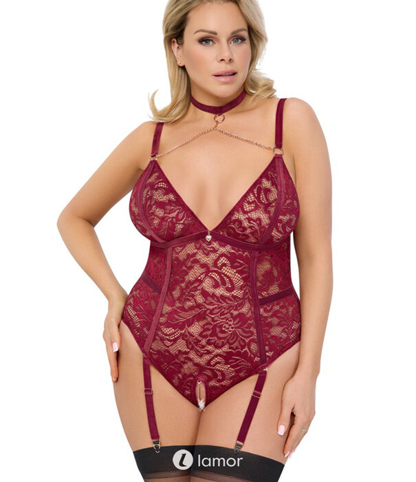 * COTTELLI  Straps-body ouvert in donkerrood kant met halsband, kettingen & kruis