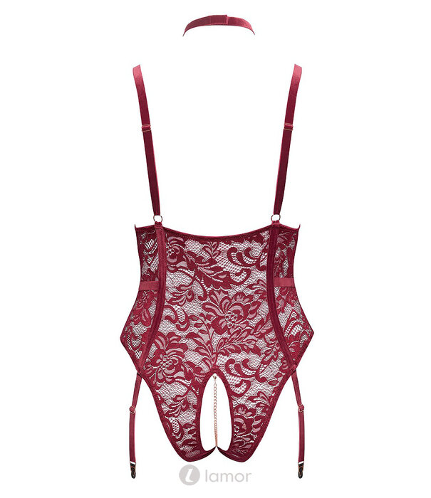 * COTTELLI  Straps-body ouvert in donkerrood kant met halsband, kettingen & kruis