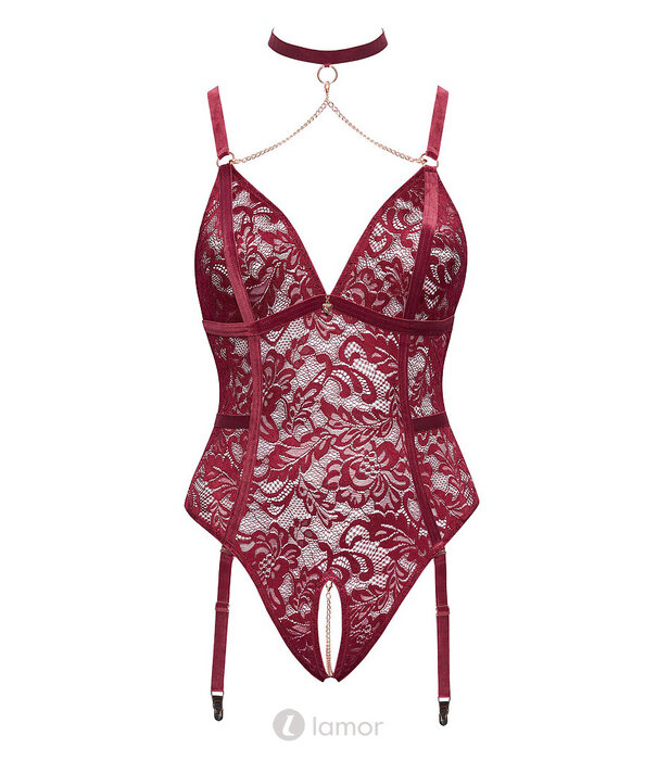 * COTTELLI  Straps-body ouvert in donkerrood kant met halsband, kettingen & kruis
