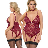 Straps-body ouvert in donkerrood kant met halsband, kettingen & kruis