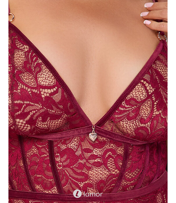 * COTTELLI  Donkerrode Babydoll met Fluwelen Bandjes & Slip Ouvert – Cottelli Curves Lingerieset