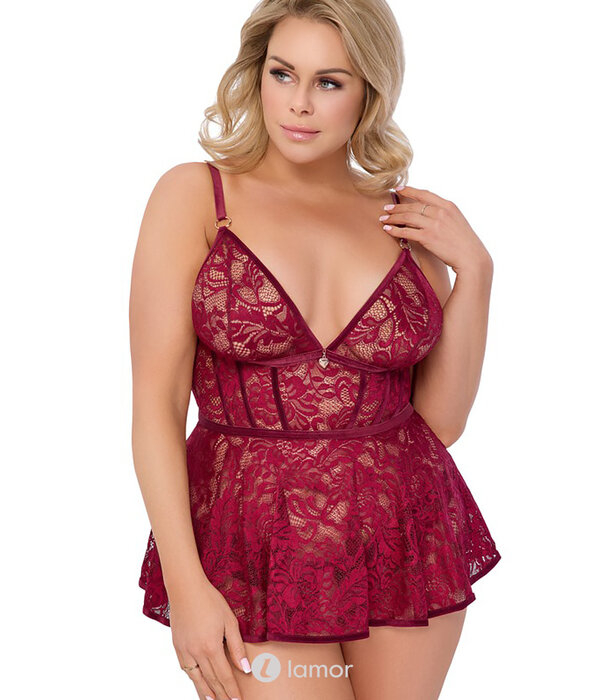 * COTTELLI  Donkerrode Babydoll met Fluwelen Bandjes & Slip Ouvert – Cottelli Curves Lingerieset