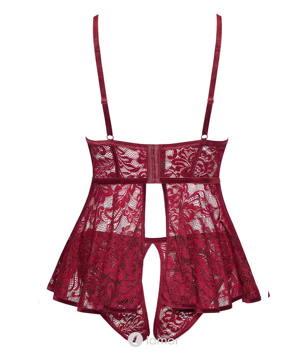 * COTTELLI  Donkerrode Babydoll met Fluwelen Bandjes & Slip Ouvert – Cottelli Curves Lingerieset