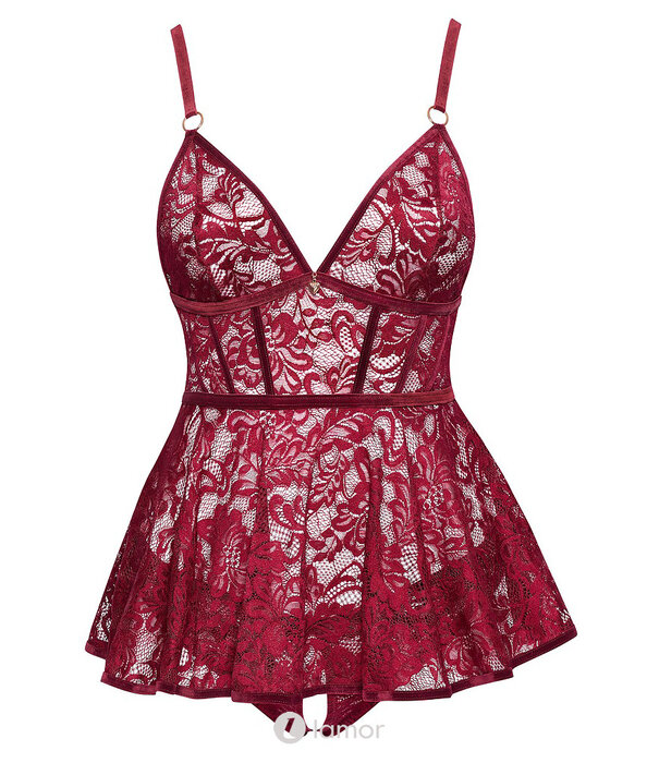 * COTTELLI  Donkerrode Babydoll met Fluwelen Bandjes & Slip Ouvert – Cottelli Curves Lingerieset