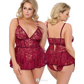 Donkerrode Babydoll met Fluwelen Bandjes & Slip Ouvert – Cottelli Curves Lingerieset