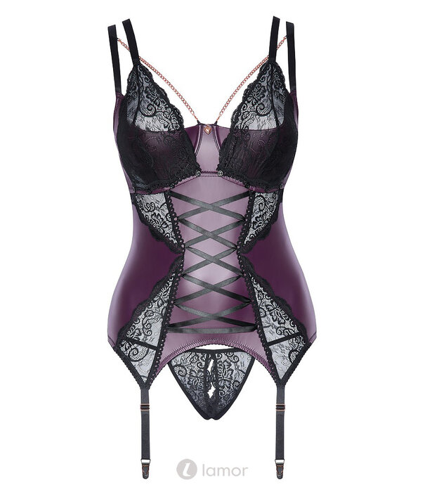 * COTTELLI  Cottelli Curves paars-zwarte set met strapshemd & ouvert string