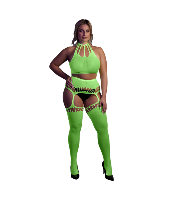 Ouch! by Shots Twee Delige Set met Crop Top en Kousen - Plus Size - Neon Groen