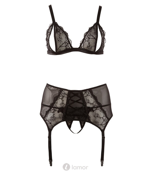 * COTTELLI  Soft-BH Set met Open Cups, Jarretelgordel & String in Zwart Kant