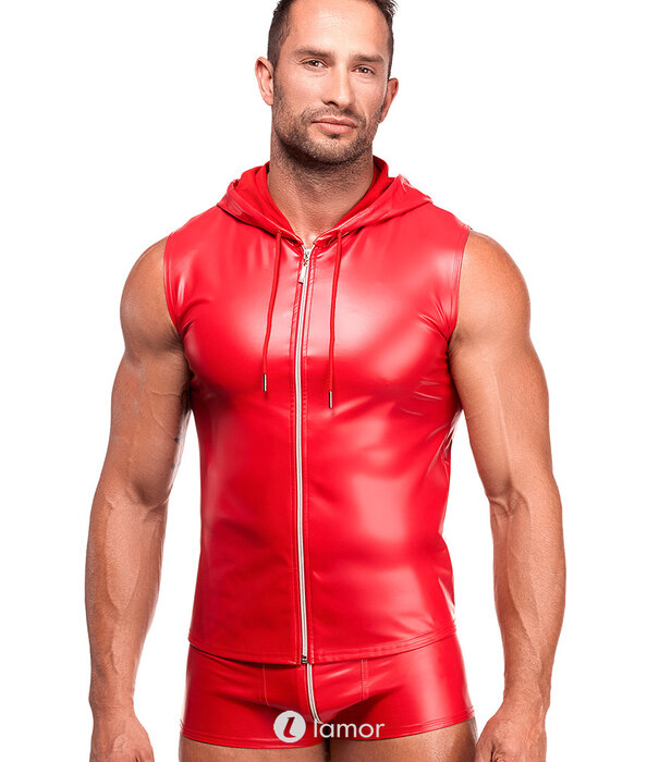 * NOIR handmade Noir Handmade rode powerwetlook top met capuchon en rits