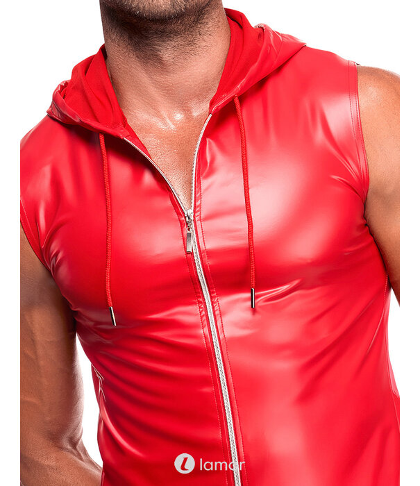 * NOIR handmade Noir Handmade rode powerwetlook top met capuchon en rits