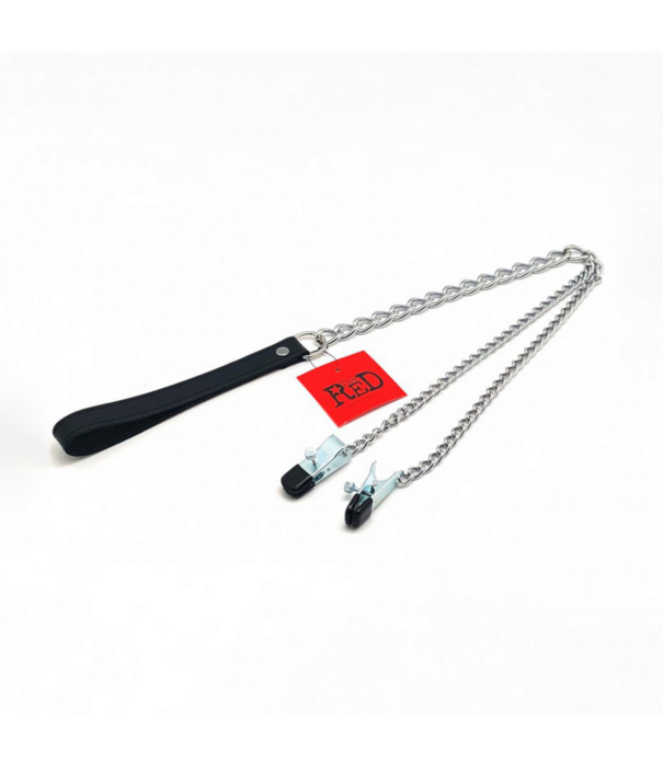 Red Leather Borstenklemmen en Leash - Zwart/Zilver