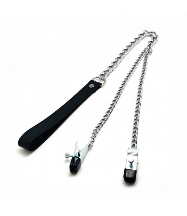 Red Leather Borstenklemmen en Leash - Zwart/Zilver