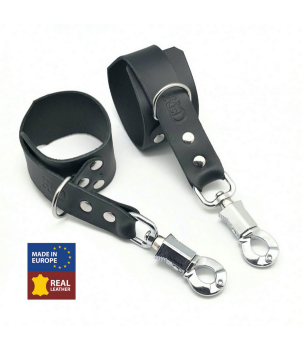 Red Leather Leren Handboeien met Anti-Panic Karabijnhaak - Zwart