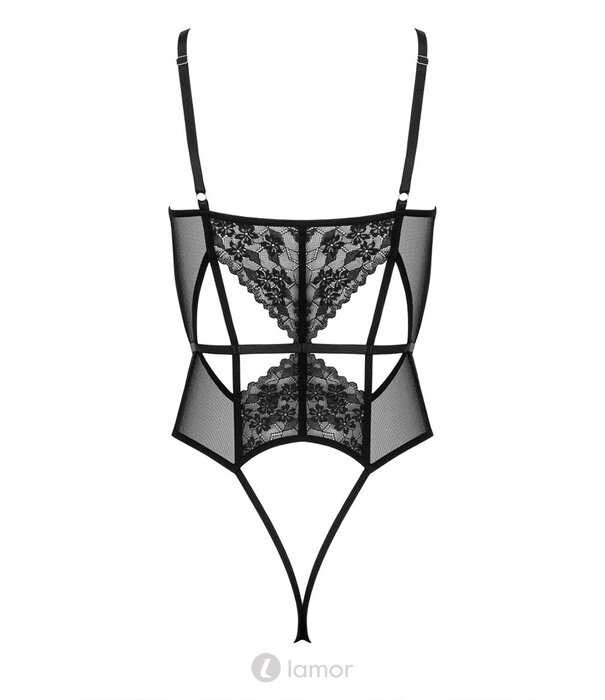 * KOTEK Kotek KO BD107 zwarte body met kant, tule en open kruis