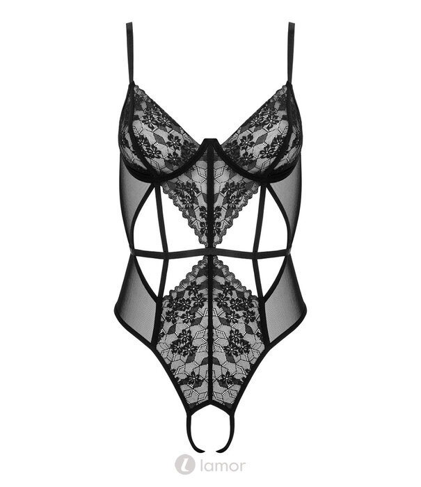 * KOTEK Kotek KO BD107 zwarte body met kant, tule en open kruis