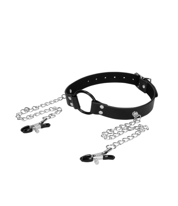 Ouch! by Shots O-Ring Gag met Nipple Clamps - Zwart