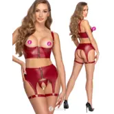 Cottelli Lingerie ouvert set bordeaux met open cups en jarretelgordel