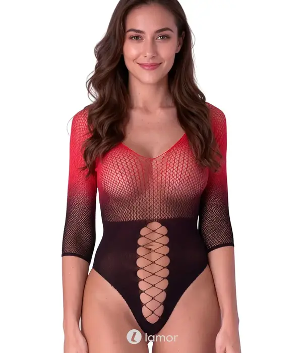 * PASSION Zwart rode mesh bodysuit van Passion BS118 maat S/L