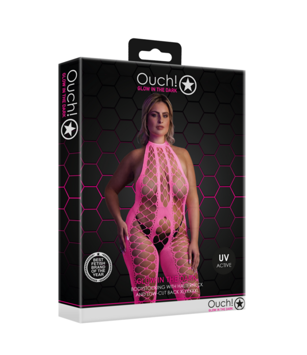 Ouch! by Shots Bodystocking met Halterneck - Plus Size - Neon Roze