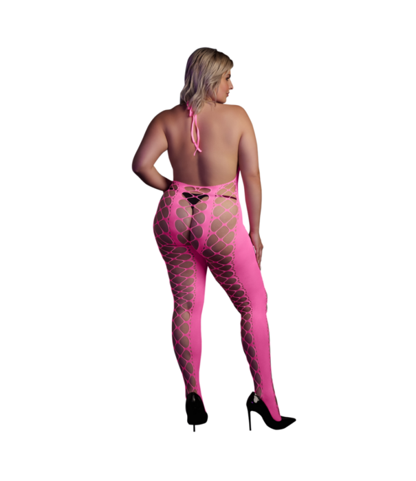 Ouch! by Shots Bodystocking met Halterneck - Plus Size - Neon Roze