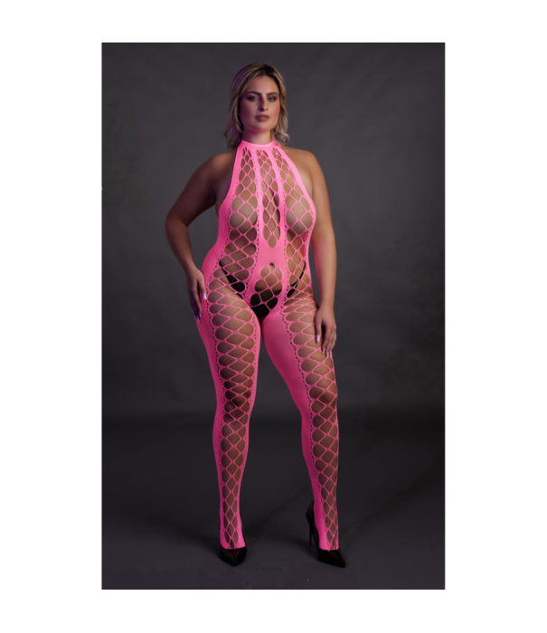 Ouch! by Shots Bodystocking met Halterneck - Plus Size - Neon Roze