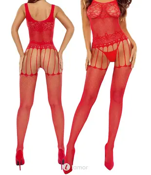 Rode bodystocking ouvert mesh, BS119