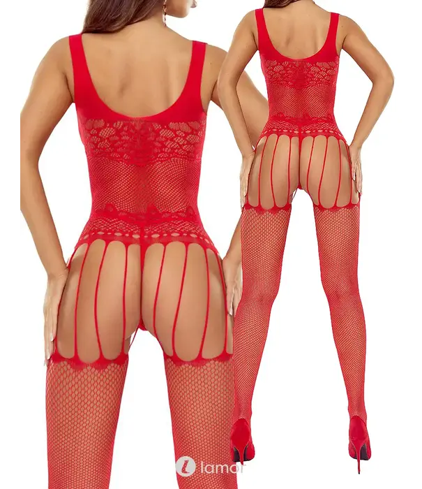 * PASSION Rode mesh bodystocking ouvert met string BS119