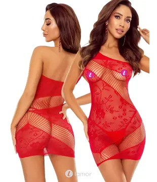 Rode mesh mini jurk one shoulder, BS123