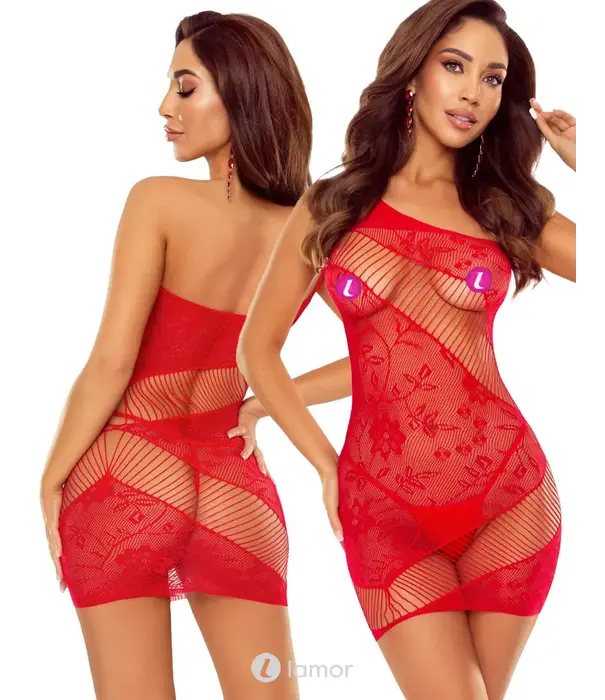 * PASSION Rode mesh mini jurk one shoulder stretch BS123 van Passion