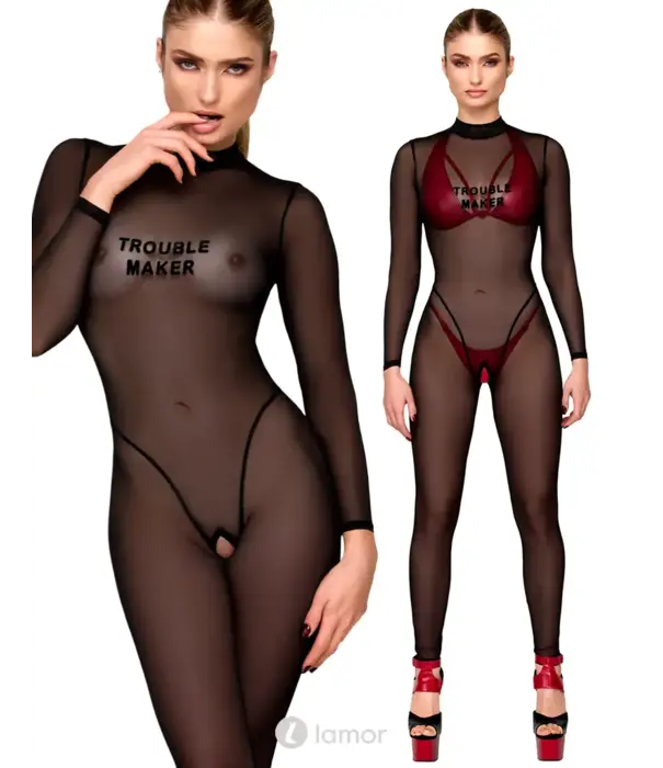 * NOIR handmade Noir Handmade F387 Troublemaker catsuit open kruis flock print zwart