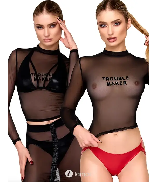 * NOIR handmade Noir Handmade F389 Troublemaker top flock print buikvrij zwart