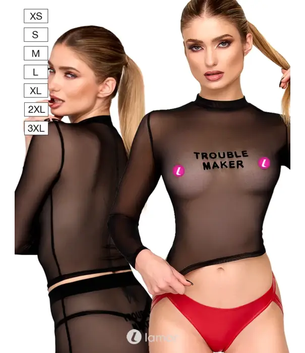 * NOIR handmade Noir Handmade F389 Troublemaker top flock print buikvrij zwart