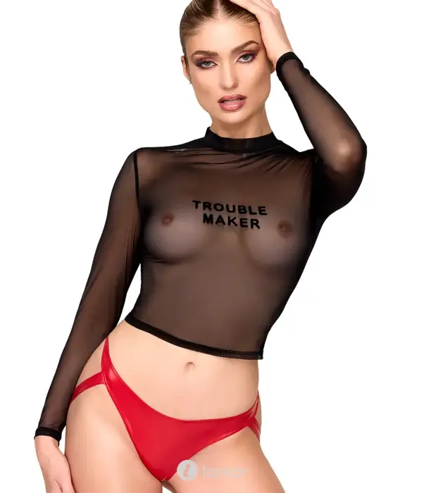 * NOIR handmade Noir Handmade F389 Troublemaker top flock print buikvrij zwart