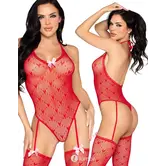 Rode Hartjes Fishnet Body met Kousen  van Leg Avenue