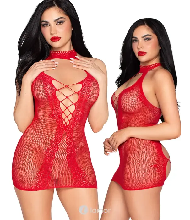 * LEG AVENUE Rode Gestipte Halter Mini Jurk van Leg Avenue