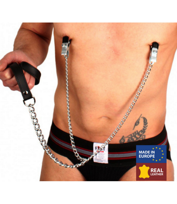 Red Leather Borstenklemmen en Leash - Zwart/Zilver