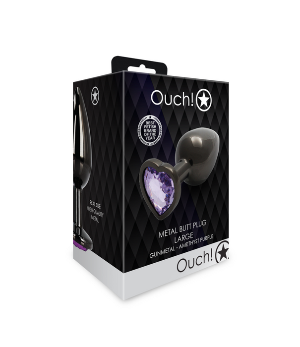 Ouch! by Shots Heart Gem Butt Plug - Large - Gunmetal/Amethyst Paars