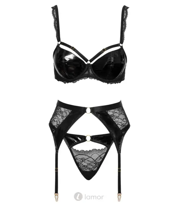 * COTTELLI  Cottelli LINGERIE Lak En Kant Lingerie Set Zwart 3 Delig