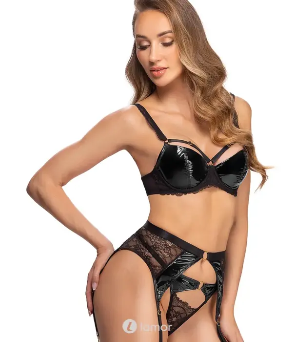 * COTTELLI  Cottelli LINGERIE Lak En Kant Lingerie Set Zwart 3 Delig