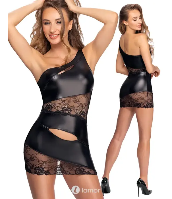 * COTTELLI  Cottelli PARTY One Shoulder Mini Jurk Met Kant Zwart