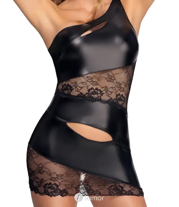 * COTTELLI  Cottelli PARTY One Shoulder Mini Jurk Met Kant Zwart