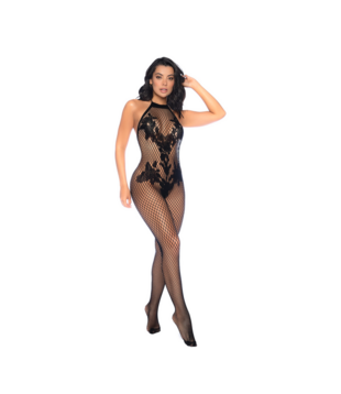 Halter en Kruidloze Bloemen Bodystocking - Één Maat - Zwart